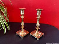 Pair of vintage brass candlesticks placed side by side on a black surface against a red background with a houseplant on the side.