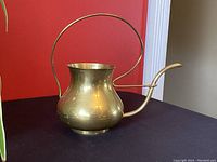 Side angle showing the bulbous brass watering can with curved spout and loop handle against a red wall backdrop.