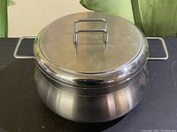 Top-down view of stainless steel pot with lid, showing round shape and two handles.