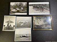 Overview of the lot showing six photos including one framed print of paratroopers in descent, and one framed glider descending