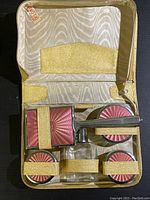 Photo showing open zippered vanity case with four cosmetic containers and a clear glass bottle secured by beige elastic straps inside a beige satin-like fabric case.