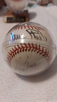 View showing the Derek Bell autograph on the baseball inside the protective sphere.