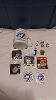 Photo showing ceramic mug with 1993 American League Champions logo, and 10 assorted Toronto Blue Jays pins arranged on white surface.