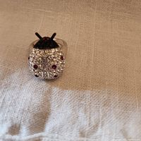 Front view of a costume jewelry ring shaped like a ladybug with clear and red rhinestones on the domed body, black rhinestone head, on a silver-tone band.
