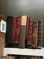 Front view of 8 antique books lined up, titles visible on spines, various bindings and condition issues.