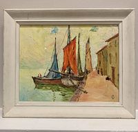 Frontal photo showing the painting of three sailboats with colorful sails docked near buildings, in a white wooden frame.
