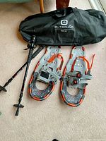 Full lot showing snowshoes, poles, and carrying bag on carpeted floor