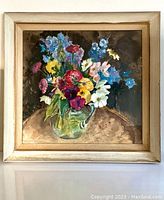 Full view of mid-century still life watercolour painting in off-white frame