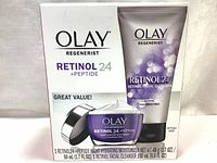 Photo of Olay Regenerist Retinol 24 + Peptide packaging showing both night moisturizer and facial cleanser in box.