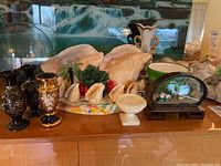 Photo showing entire lot arrangement with shells, multiple vases, green plastic pot and Asian style diorama case