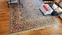 Photo showing most of the area rug with fringe on visible end, central medallion pattern, and border detail, laid on wooden floor with boxes partially on rug.