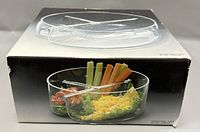 Original box showing image of bowl with vegetables and dip inside, measures 8.5x8.5x3.5 inches