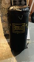 Single image showing a black Everlast punching bag standing upright on a concrete floor. The Everlast logo and "Choice of Champions" tagline are visible in yellow on the front. The bag appears cylindrical with a flat top and bottom. A metal ring for attaching the included hanging chain is visible on the top side.