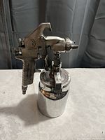 Photo of a stainless steel paint sprayer displaying the metallic spray gun and attached lower canister, placed on a flat surface with a neutral background.