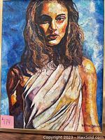 Full view of the acrylic painting depicting a Greek goddess-style female figure in draped garment against a blue background, signed bottom right.