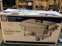 Original boxed Bakers & Chefs 8 quart rectangular stainless steel chafing dish box, showing front and side images of the chafing dish with fuel holders.