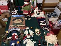 Overview of snowman themed holiday decorations including wreath, yard flag, snowman figurines, and other assorted items on a table.