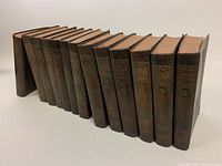 Set of 13 books side by side showing uniform brown embossed covers and aged condition