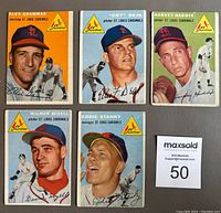 Photo of five individual cards including Alex Grammas, "Cot" Deal, Harvey Haddix, Wilmer Mizell, and Eddie Stanky (manager) showing front.