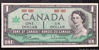 Front side of the 1967 Canadian Centennial one dollar bill showing Queen Elizabeth II portrait with bilingual text and the dates 1867-1967.