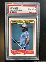 Front view of 1985 Fleer Limited Edition Tim Raines card in protective PSA graded holder showing GEM MINT 10 grade.