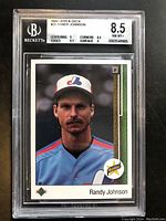 Front view of 1989 Upper Deck #25 Randy Johnson rookie card graded 8.5 by Beckett.