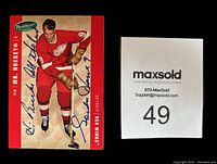 Front of Gordie Howe hockey card signed in blue Sharpie, showing player in red Detroit Red Wings uniform and personalized to Burke.