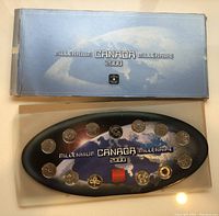 Blue rectangular outer box with inscriptions Millennium Canada 2000, slight wear at edges