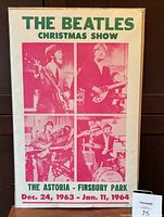 Poster featuring The Beatles Christmas Show with four red photographic images and green text, measuring approximately 14 x 22 inches, minor wear visible.