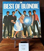 Front cover image of "The Best of Blondie" album featuring band members with city skyline background, showing album title clearly.
