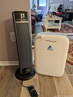 Both items side-by-side showing the purifier's front and the heater's front and base, power cord visible