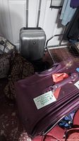 Wide angle showing multiple bags including purple carpet bag, grey Calpak wheeled suitcase, patterned carpet bag