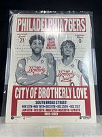 Full view of the signed Philadelphia 76ers poster featuring Maxey and Embiid, showing the full artwork and text.