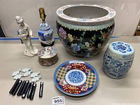 Full collection including lamp, figurine, large pot, dish, jar, ceramic box, chopsticks and utensil rests.