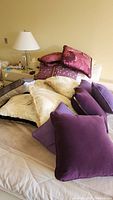 14 assorted pillows on bed showing color and size variety