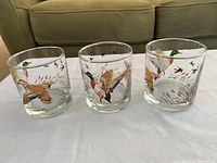 Three clear glass drinking glasses with colorful flying duck and bird illustrations placed side by side