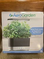 Front of box showing AeroGarden In-Home Garden System with fresh herbs and vegetables, highlighting the year-round growing capability.