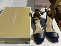 Pair of navy blue open-toe Michael Kors sandals next to original shoebox