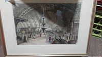 Full view of framed hand-tinted print showing interior scene of Horticulture Hall with crowd and fountain under iron arches.