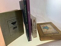 Photo showing five books standing upright including The Butterflys Ball & The Grasshoppers Feast, The Frog Prince and Other Stories, Barbie Fashion Vol. 1, The Teddy Bear Encyclopedia, and Billy Bounce.