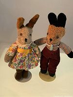 Front view of Mr. and Mrs. velveteen bunnies showing outfits and facial features