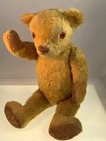 Front view showing seated teddy bear with raised left arm and visible leather padded paw and foot.
