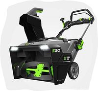 Front and side view of the EGO SNT2103 snow thrower showing intake, chute, and handle controls.