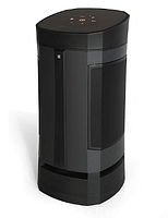 Front-angle view of black hexagonal wireless speaker with visible grille panels and top controls