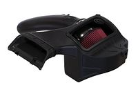 Close-up of the black plastic S&B cold air intake with enclosed airbox and visible red pleated air filter, showing the S&B logos and large silicone air scoop.