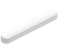 White Sonos Beam soundbar at slight angle showing top touch controls and front grille