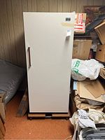 Closed front view of the white upright freezer with label and handle visible.