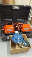 Craftsman double worklight in orange metal with carrying case, Benz-O-Matic lantern with blue top and fuel canister in box