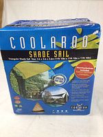 Box of Coolaroo Shade Sail triangular size 3.6m (11ft 10in) in unopened packaging with product details and images