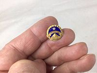 Pin held between fingers showing front details, gold with blue enamel and diamond.